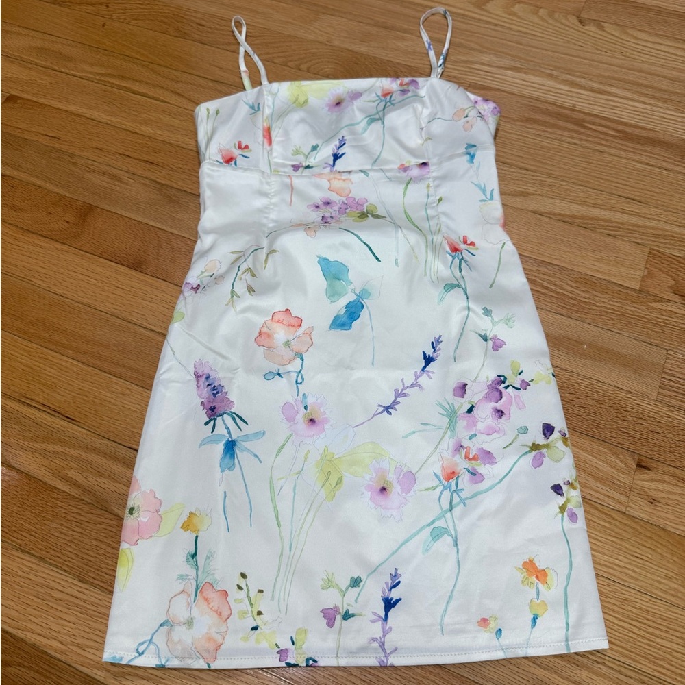White Floral Spaghetti Strap Satin Dress